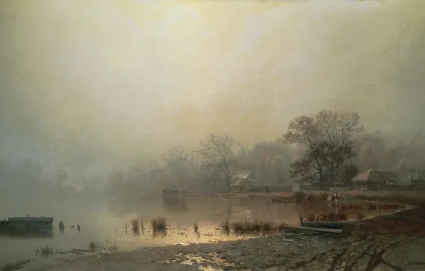 Картинка село, Туман, красный пруд