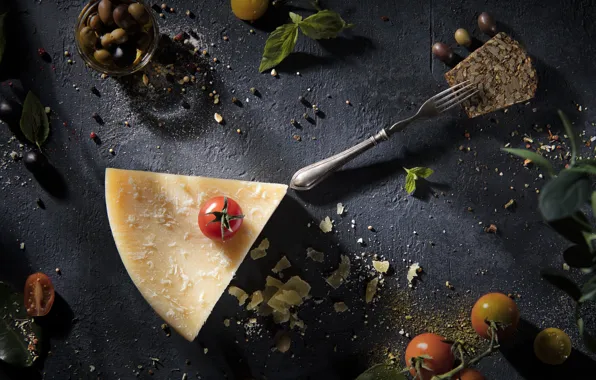 Картинка абстракция, еда, сыр, вилка, натюрморт, помидор