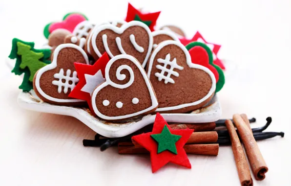 Новый Год, печенье, тарелка, Рождество, сердечки, сладости, корица, Christmas