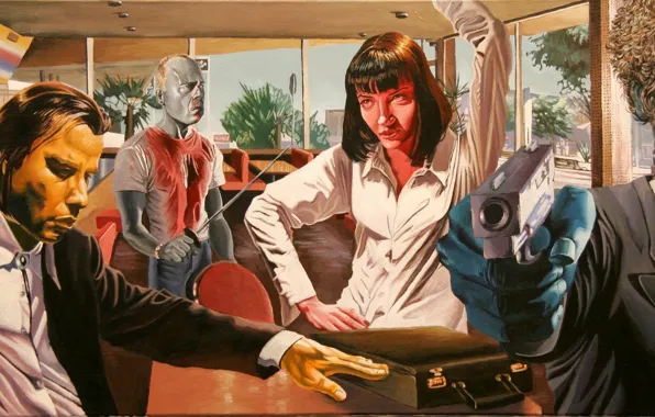 Персонажи, Тарантино, Криминальное чтиво, Pulp Fiction, Mia Wallace, Jules Winnfield, Vincent Vega, лёгкая наркомания
