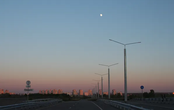 Небо, мост, люди, луна, здания, дома, вечер, Россия