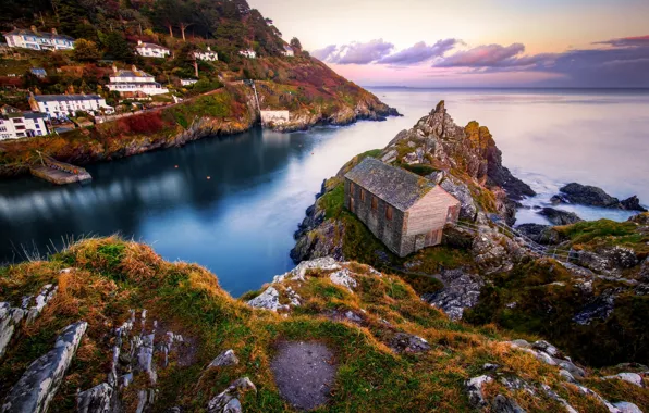 Море, пейзаж, скалы, берег, дома
