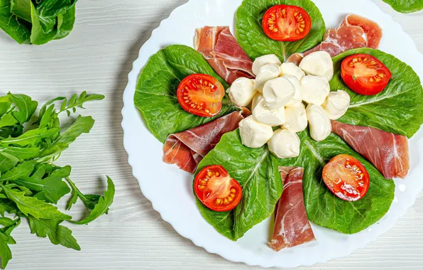 Зелень, сыр, мясо, помидоры, томаты, нарезка, сыр моцарелла