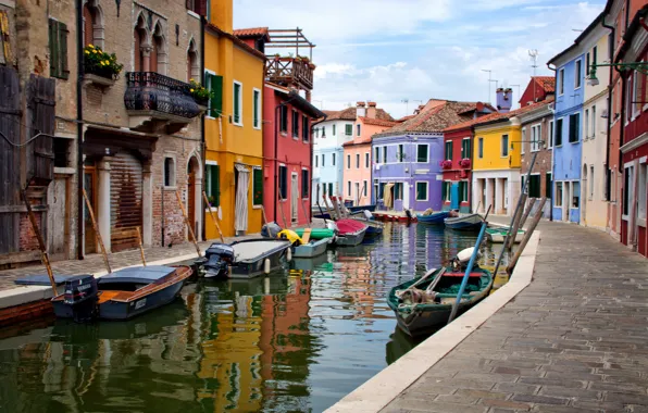 Небо, дома, лодки, Италия, Венеция, канал, остров Бурано