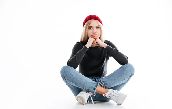Young, floor, female, sitting, hipster