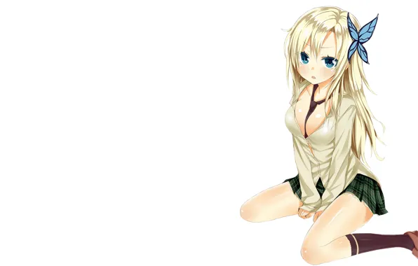 Girl, sexy, cleavage, school uniform, long hair, boobs, anime, blue eyes
