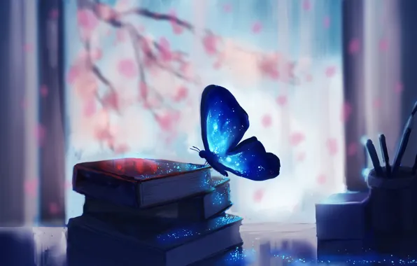 Картинка дерево, ветви, бабочка, книги, сакура, арт, chibionpu