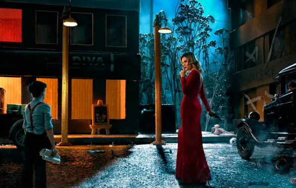 Девушка, город, оружие, мальчик, платье, знак тишины, art photographer, American Gangster