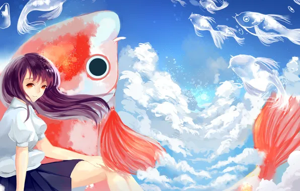 Картинка небо, девушка, рыбы, арт, mimi tsukue