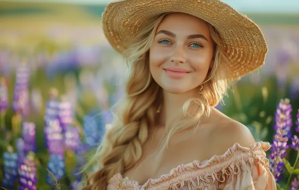 Поле, лето, взгляд, девушка, свет, цветы, лицо, улыбка