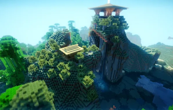 Лес, небо, вода, деревья, горы, блоки, Minecraft, храм на вершине