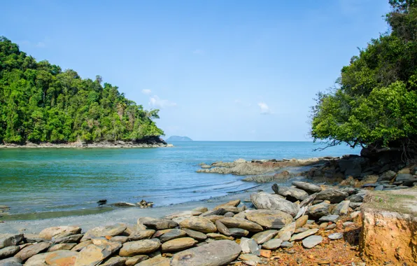 Песок, море, пляж, лето, небо, камни, summer, beach