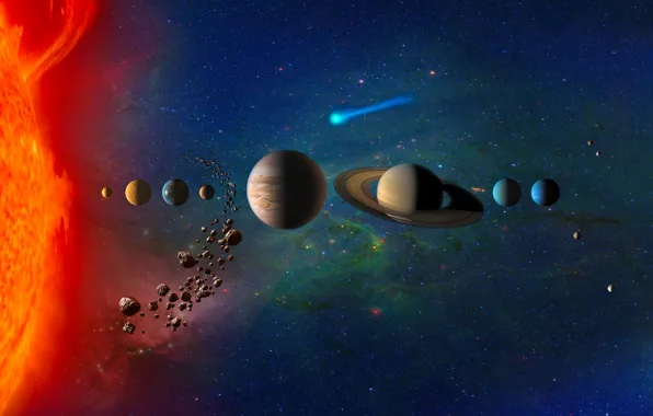 Картинка планеты, Сатурн, звёзды, астероиды, комета, Земля, Марс, Юпитер