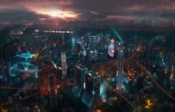 Город, Неон, Небоскребы, Здания, City, Fantasy, Архитектура, Арт