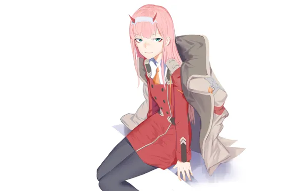 Девушка, белый фон, сидит, 002, Darling In The Frankxx, Милый во Франксе, Zero Two
