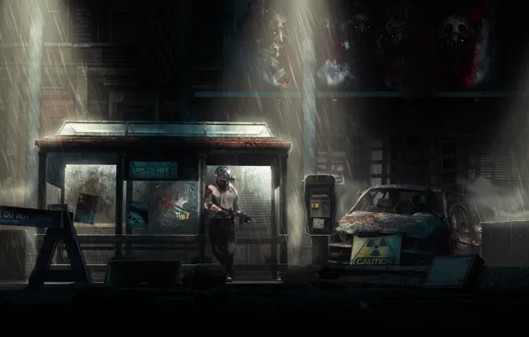 Картинка ночь, город, рендеринг, дождь, апокалипсис, человек, радиация, автомат