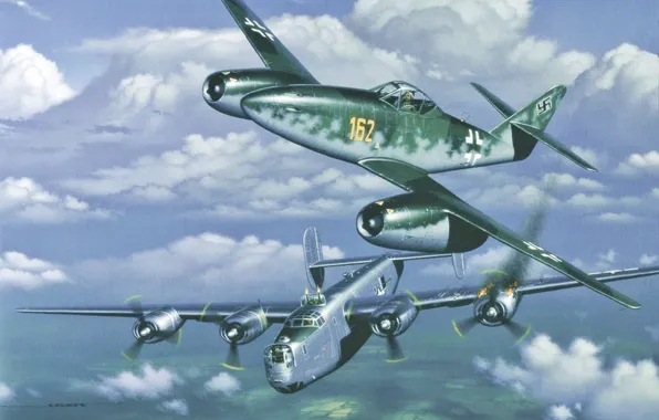 Картинка aircraft, war, airplane, aviation, dogfight, me-262-b-24, liberator