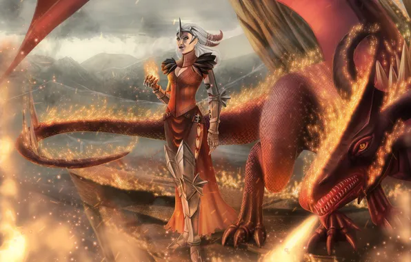 Картинка огонь, магия, женщина, дракон, арт, ведьма, Dragon Age, Flemeth