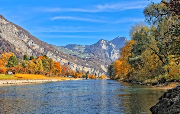 Картинка осень, деревья, горы, озеро, дома, Швейцария, Альпы