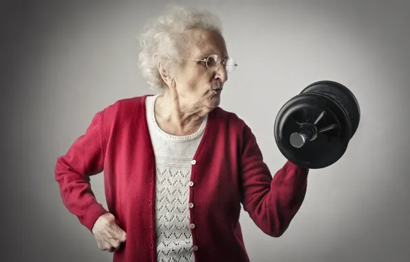 Workout, fitness, dumbbells, grandmother, old woman