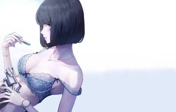 Girl, sexy, Gun, bra, boobs, blue, anime, pretty