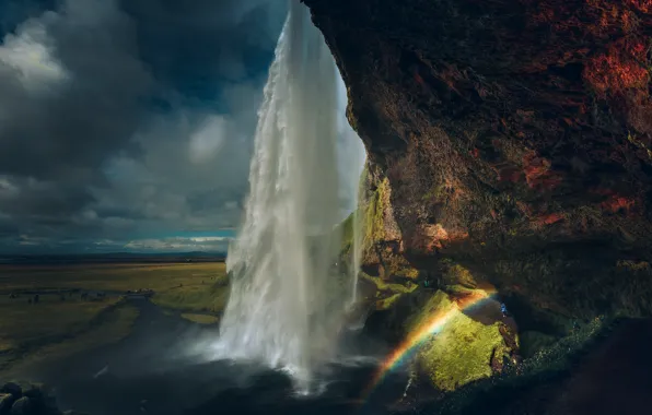 Картинка пейзаж, тучи, природа, скалы, водопад, радуга, Исландия, Сельяландсфосс