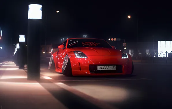 Красный, Авто, Ночь, Машина, Тюнинг, Nissan, Red, Nissan 350Z