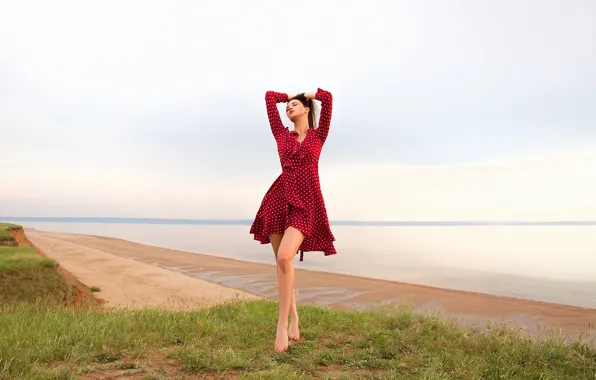 Картинка море, девушка, поза, берег, фигура, платье, красивая, Лозгачев Алексей
