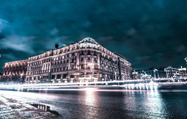 Небо, Дорога, Огни, Город, Дом, Москва, Здание, Россия