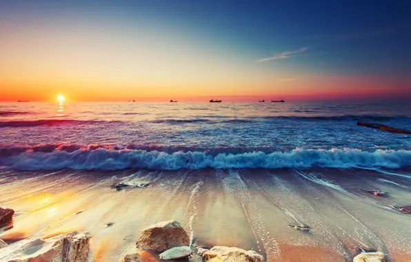 Песок, волны, пляж, небо, солнце, пейзаж, закат, природа