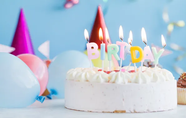 Картинка праздник, шары, свечи, торт, день рожденье