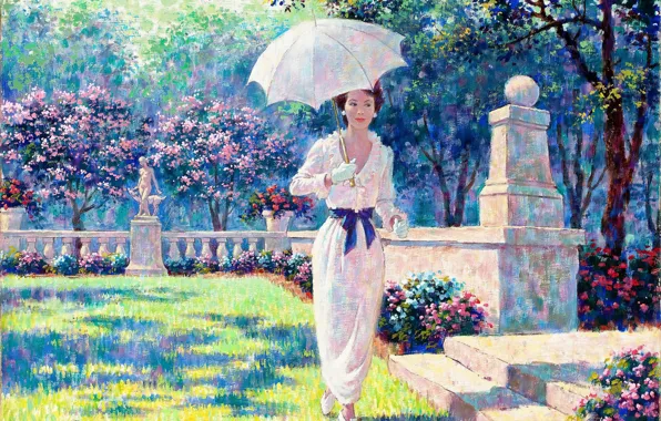 Картинка зонтик, женщина, Arthur Saron Sarnoff, весенняя рапсодия, Spring Rhapsody