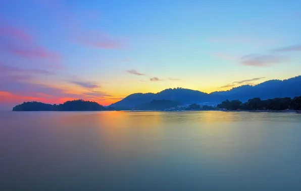 Море, небо, облака, закат, горы