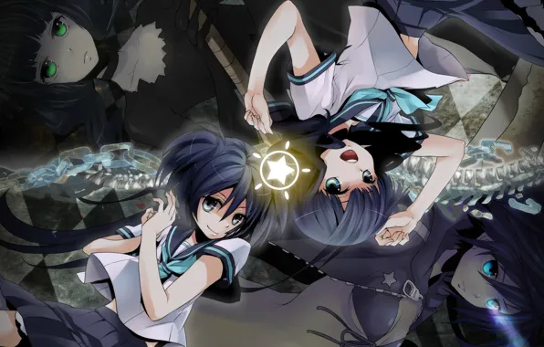 Магия, звезда, цепь, голубые глаза, школьницы, black rock shooter, зеленые глаза, матроска