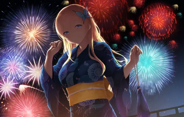 Big, anime, blonde, oppai, bishojo, buterfly, japonese, matsuri