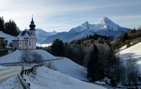 Картинка зима, дорога, лес, горы, Германия, Бавария, Germany, Bavaria