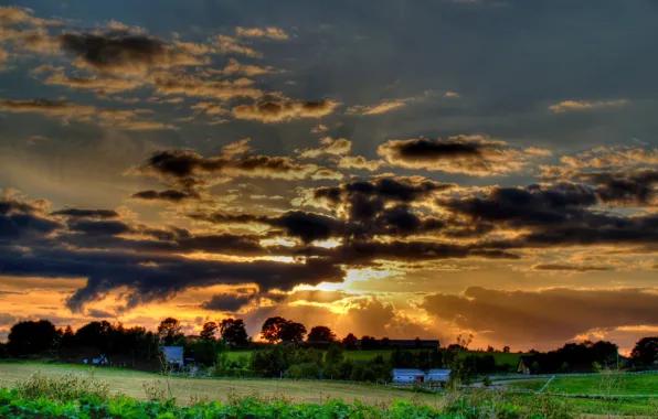 Картинка солнце, облака, HDR, деревня