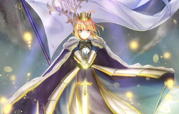 Девушка, меч, флаг, Saber, эскалибур, Fate / Stay Night, Судьба Ночь схватки