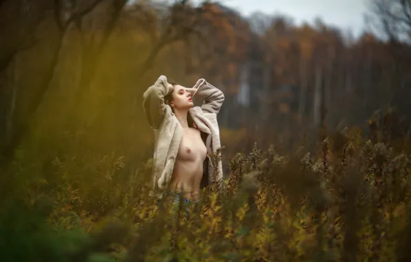 Осень, грудь, девушка, поза, фигура, на природе, дублёнка, Disha Shemetova