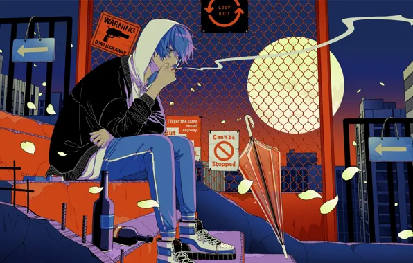 Ночь, зонт, лестница, парень, курит, Vocaloid, Shion Kaito