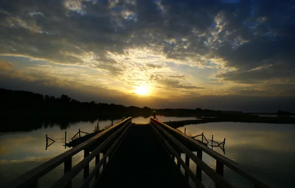 Картинка закат, мост, озеро