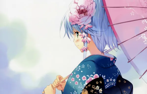 Цветок, взгляд, зонт, кимоно, голубые волосы, art, visual novel, ueda ryou