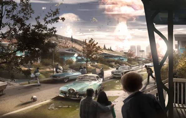 Картинка машины, взрыв, город, люди, улица, дома, concept, атомный взрыв