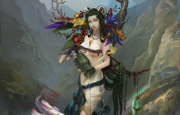 Картинка девушка, цветы, дерево, скалы, рыба, водолей