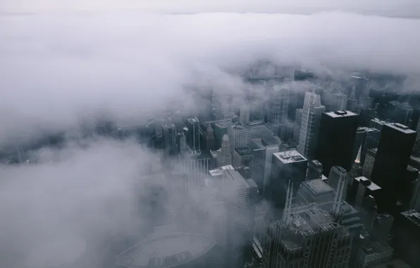 Картинка City, Clouds, Chicago, Landscape, Fog, Architecture