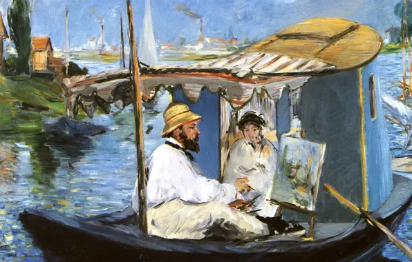 Картинка лодка, портрет, картина, художник, Эдуард Мане, Claude Monet Combing in His Workshop