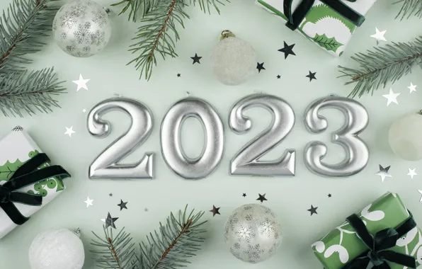 Шарики, цифры, подарки, Новый год, хвоя, дата, новогодние украшения, 2023