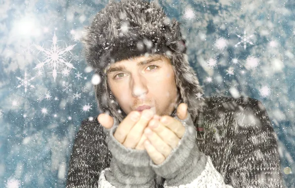 Взгляд, снег, шапка, парень, свитер