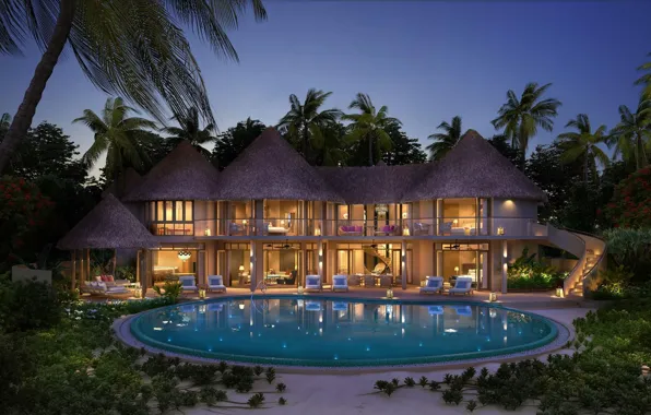 Пальмы, вилла, вечер, бассейн, Мальдивы, курорт, Maldives, Resort Nautilus