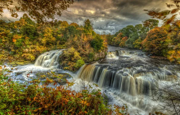 Осень, лес, деревья, тучи, водопад, HDR, Шотландия, речка